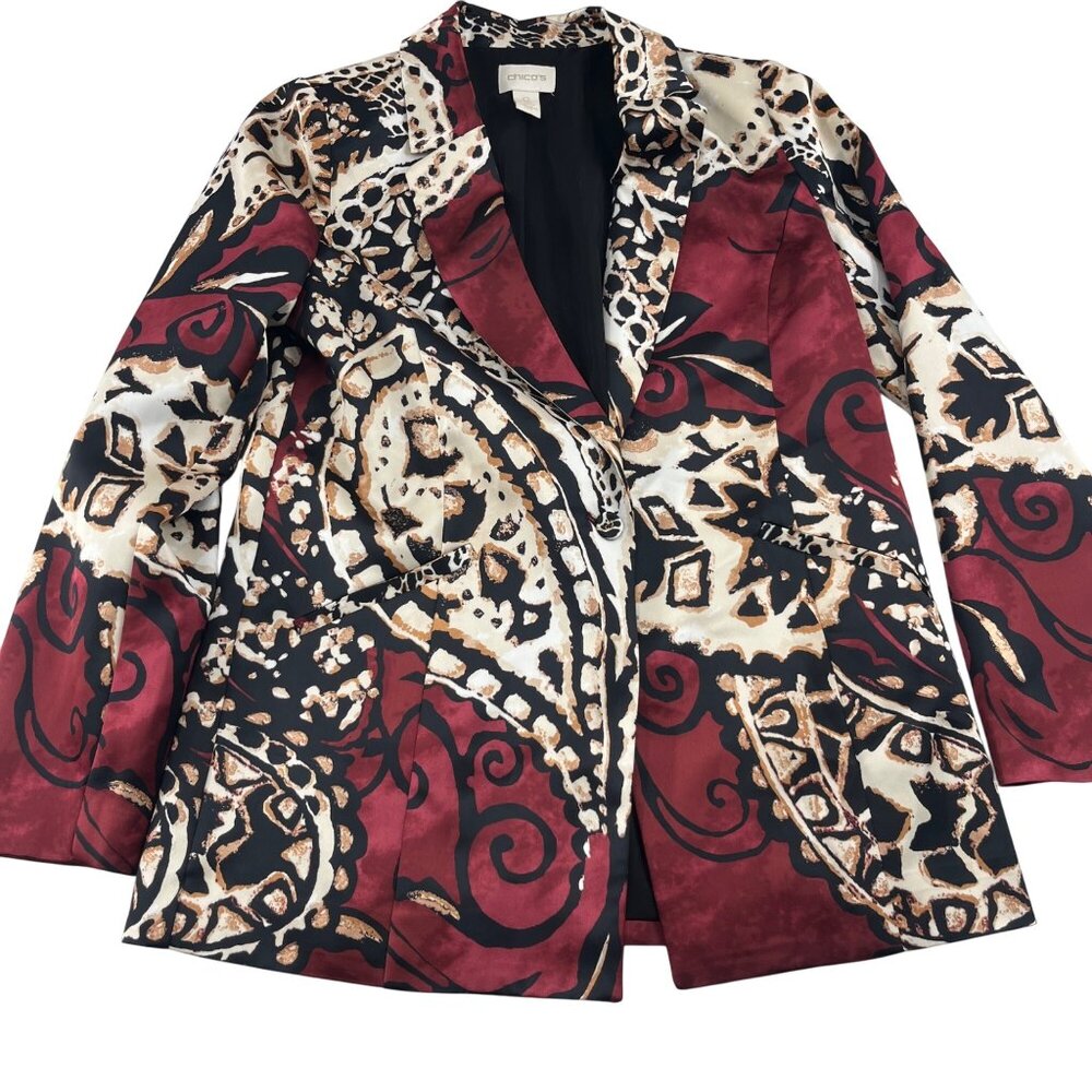 Chicos Women's Blazer Jacket Size 0 Small Burgandy Black Multicolor Paisely